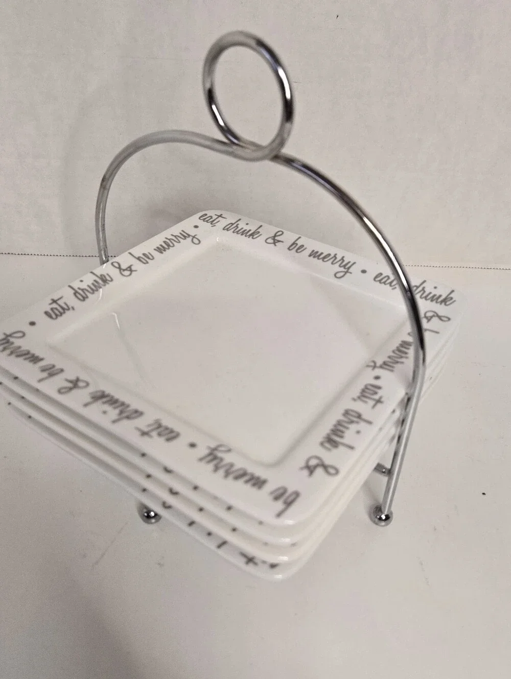 Ciroa Eat Drink & Be Merry Platinum Square Appetizer Plates x4 Metal Srand